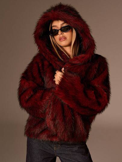 Avantive Fall&Winter Halloween Christmas New Year Going Out Graduation Prom Elegant Formal Luxury Chic Business Casual Birthday/Office Outfits/Country Concert/Club Outfits Sexy/Western/Work Clothes/Streetwear/Vintage/Festival/Cocktail/Rave/Prom/Hawaii/Airport/Funny/Basic/Brunch Outfits/2000s Style/Bodycon/Old Money Style/Church/Homecoming/Classy/Party/Modest/Date Night/Autumn/Winter/Y2k  Long Sleeve Burgundy Fashionable & Elegant Hooded Faux Fur Jacket, Autumn/Winter