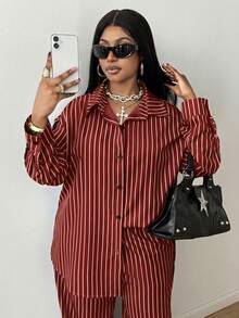 Maweii 女士条纹休闲宽松上衣和印花长裤两件套，通勤风格，秋冬季 - 彩色 - 查看 4