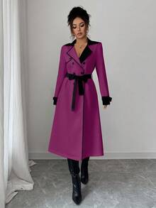 Elenzga Women's Contrast Collar Design Double-Breasted Cinched Waist Waist Elegant Casual Commute Fashion French Versatile Holiday Business Trench Coat, Cream White & Apricot, Long Sleeve, Autumn/Winter - Purple - View 5