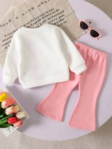 SHEIN 2pcs/Set Baby Girl Cute Cat Print Knit Soft Round Neck Long Sleeve Sweatshirt And Floral Bell Bottom Pants Set, Girls Christmas Outfit, Suitable For Autumn/Winter, Comfortable And Casual, Layering Piece, Fashion Streetwear, Graphic Design, Back To School, Autumn, Back To School Party, Suitable For Outdoor Picnic, Street Photography, Home, Campus, Holiday, Gift - Multicolor - View 6