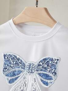 Resyla Women's Beaded Bow Embroidery Round Neck Short Sleeve Casual Standard Size T-Shirt - White - View 4