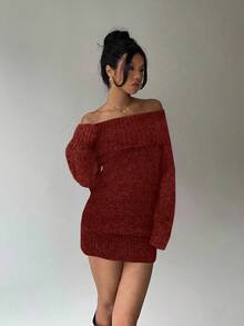 Aloruh Grey Off-Shoulder Turtleneck Long Sleeve Mini Dress, Loose Top Tight Bottom, Suitable For Young Ladies, Autumn/Winter - Burgundy - View 4