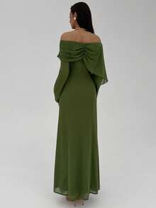 Aloruh Women's Elegant Long Winter Dress, New Style, Off-Shoulder Boat Neck, Long Sleeves, Shawl Collar, Slim Fit Design, Extra Long Dress, Party Cocktail Party, Green Flowy Extra Long Mermaid Dress, Christmas Green Outfit, New Year's Outfit, New Year's Eve Outfit, Wedding Guest Elegant Dress. Night Gown Women Green Long Dress Women Dress Modest Green Maternity Dress