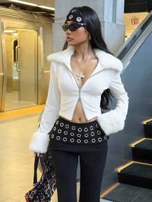 Muchica 秋季时尚白色毛绒针织拼接修身女式外套 - 白色 - 查看 5