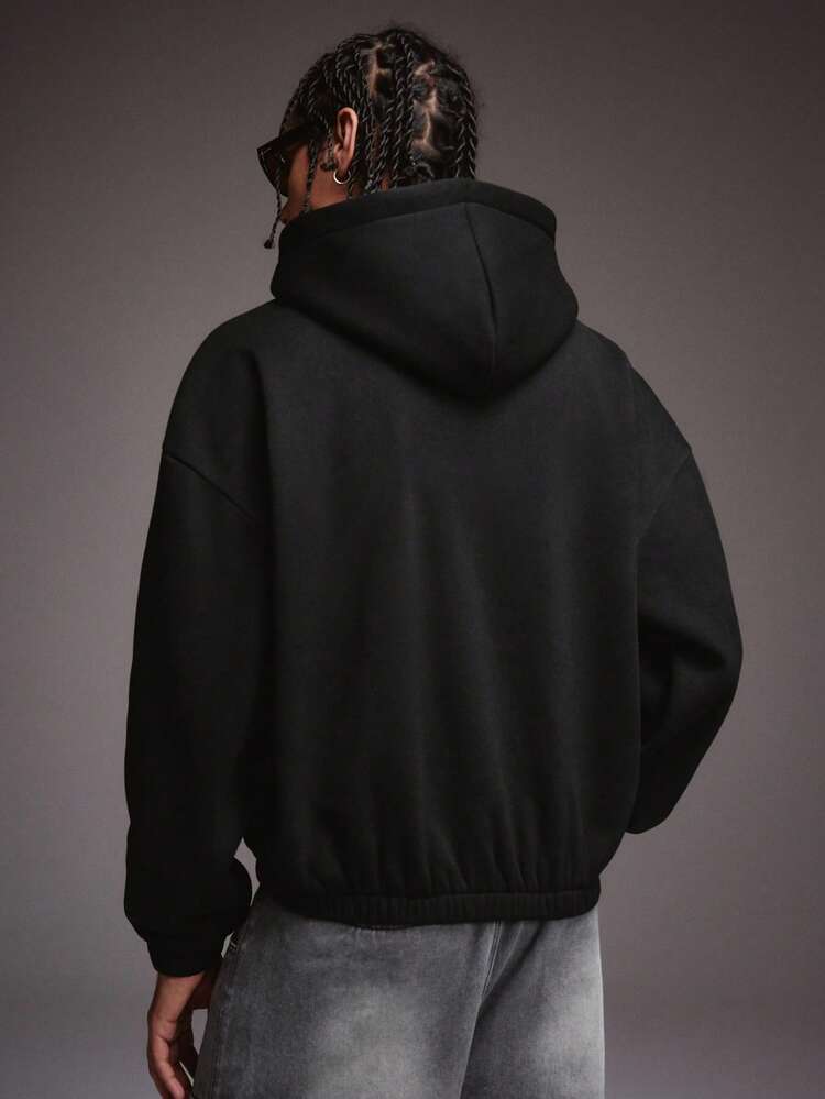 STYNVO Men's Solid Color Drop Shoulder Long Sleeve Zip Front Casual Black Zip Up Hoodie , For Winter, Thermal Lined - Black - View 2