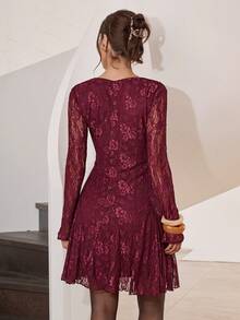 Modelyn Váy ngắn tay dài buộc dây phía trước màu trơn đơn giản dành cho nữ - Màu Đỏ Sâu - Xem 2