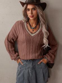 SHEIN LUNE Women's Casual V-Neck Drop Shoulder Ribbed Knit Sweater, Autumn/Winter - Coffee Brown - View 5