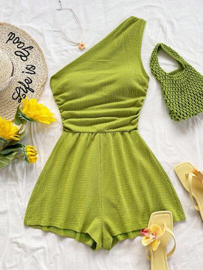 Soleia Women Plus Size Casual Wrap Romper With Shoulder Cut-Out, Suitable For Autumn Green Playsuit,Holiday Outfits For Women