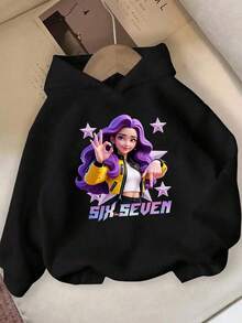少女舒适秋冬休闲时尚创意个性清新简约酷炫虚拟少女团体五角星标志标语印花舒适连帽卫衣，适合秋冬季穿着 - 黑色 - 查看 3