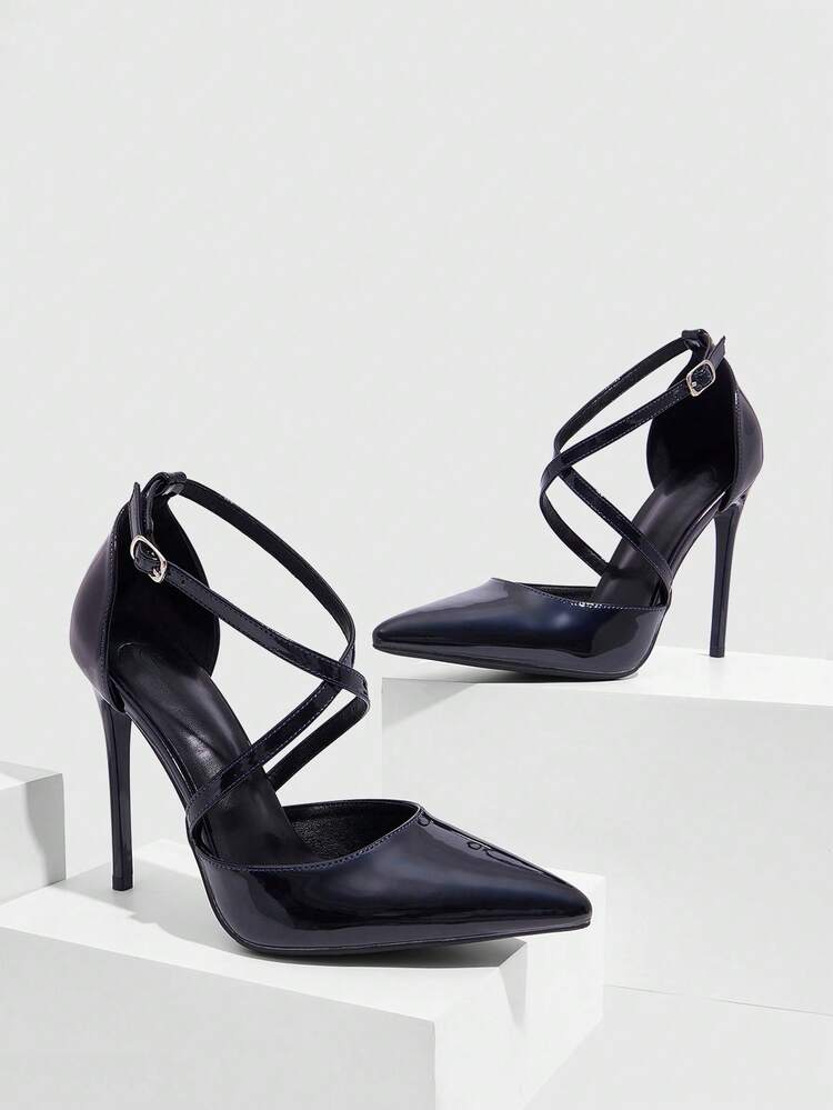 CUCCOO SZL Navy Blue Pearlescent Criss-Cross Pointed Toe Stiletto High Heel Pumps, Hollow Out Dress Shoes For Commuting, Date, Party, Wedding For Christmas Spring Shoes