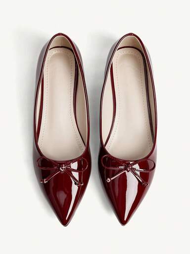 CUCCOO CHICEST Elegant Bowknot Pointed Toe Flat Shoes, Soft Cloud-Like Feel, Charming And Sweet Elegant, Suitable For Commuting, Wine Red Patent PU Leather Ballet Flats, Versatile For Workplace, Casual, Afternoon Tea, And Dates