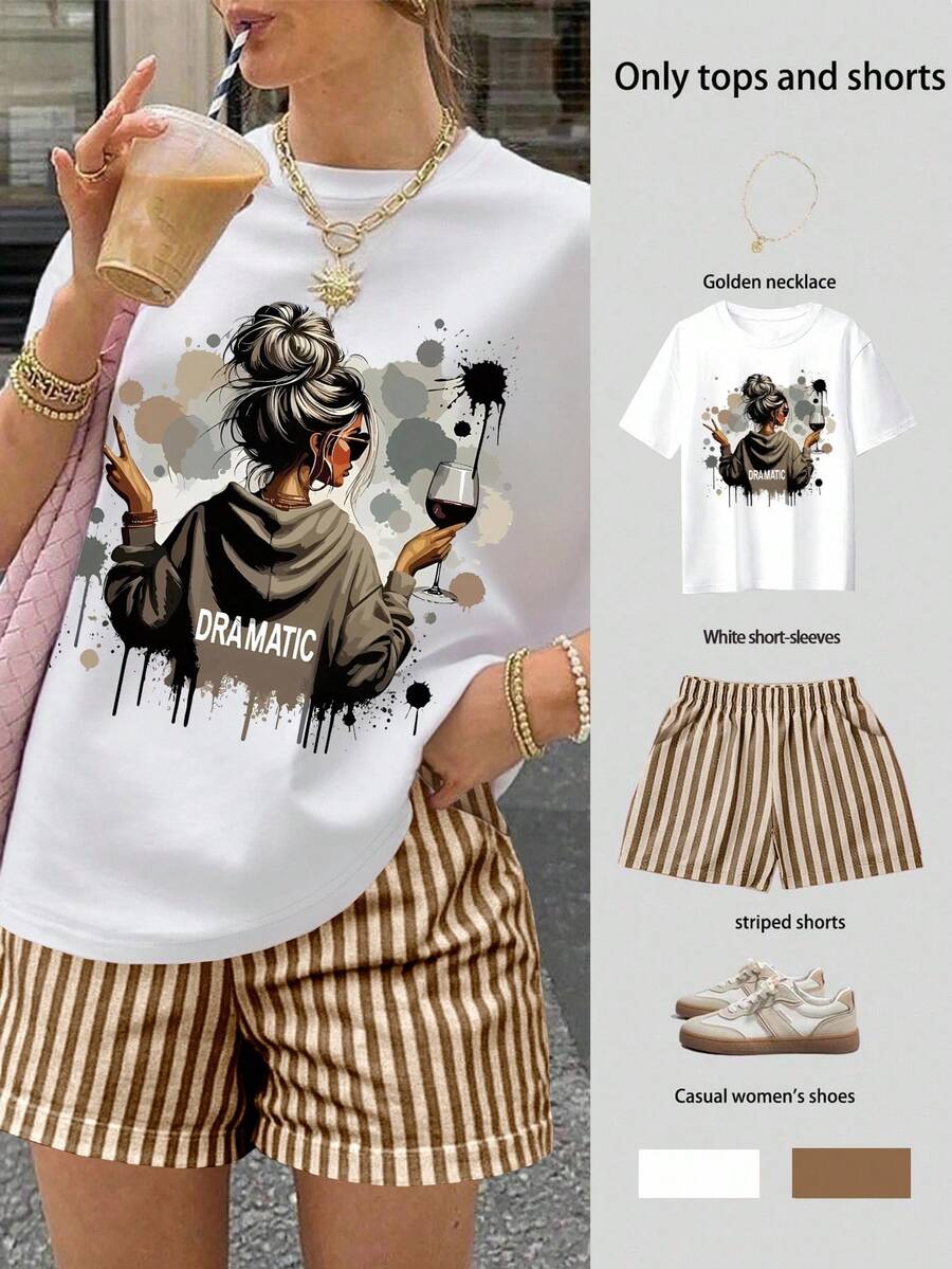 SHEIN 女士休闲印花 T 恤和条纹短裤两件套，夏季 - 咖啡棕 - 查看 1