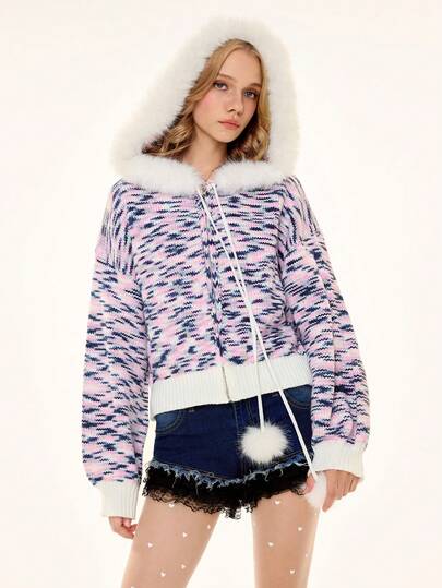 ROMWE Avant Chaqueta de punto con capucha y bloques de color con estilo universitario Y2K, informal y versátil