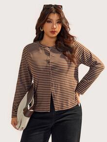 Elaquor Kaos Wanita Bergaris Kasual Lengan Panjang Longgar Kancing Depan Ukuran Besar Musim Gugur - Coffee Brown - View 4