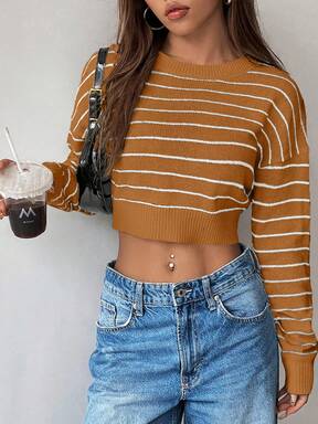 Chiquease Striped Loose Casual Cropped Sweater For Women