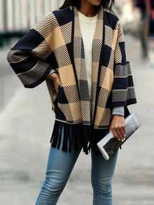 Women's Long Open Plaid Cardigan Swe ater with Fringe Hem - Beis - Ver 2