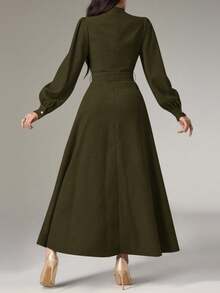 Heiryn 女士优雅通勤纯色灯笼袖长连衣裙 - 綠色 - 查看 2