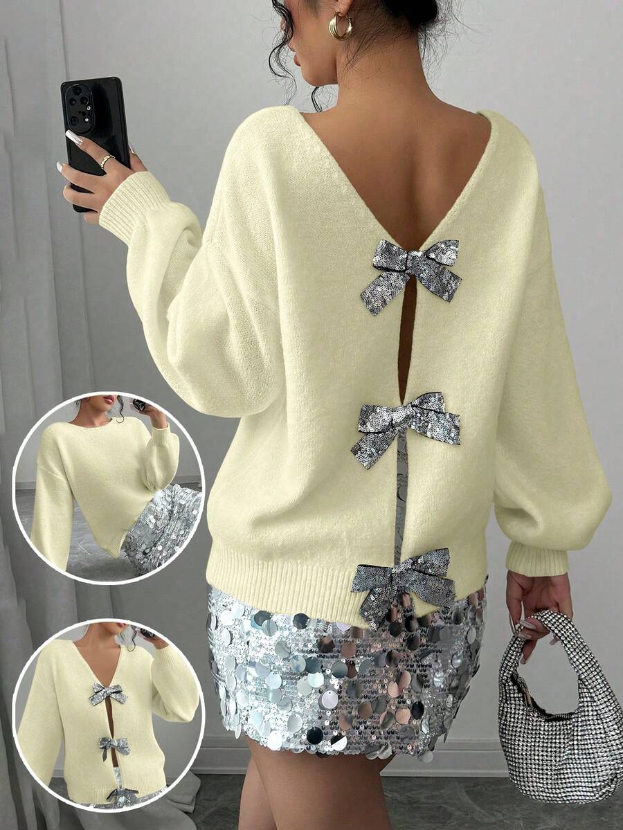 Elenzga Versatile Fashion Party Sequin & Bow Decor Backless Reversible Women Sweater, Autumn/Winter - Yellow - View 1
