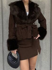 SHEIN Unity 女士黑色仿毛领拼接长袖外套，腰带设计，修身剪裁，性感派对时尚外套，欧美风格 - 棕色 - 查看 6