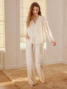 MOTF PREMIUM AUTUMN/WINTER CONTRAST LACE TEXTURED PAJAMA SET - Apricot - View 1