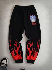 Transformers X SHEIN Quần nỉ dài họa tiết ngọn lửa và robot cho bé trai tuổi mới lớn cạp chun màu đen - màu đen - Xem 1