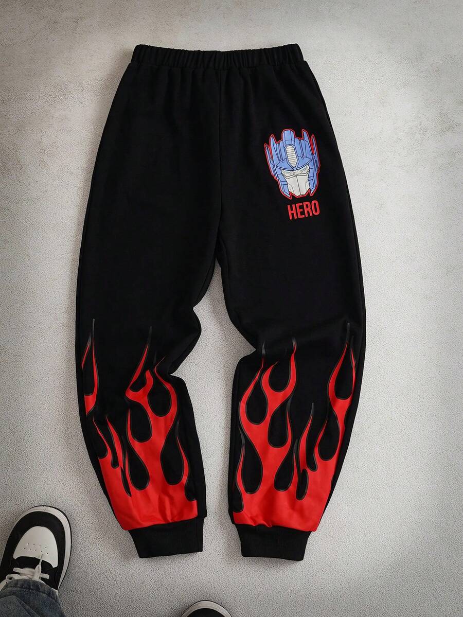 Transformers X SHEIN Quần nỉ dài họa tiết ngọn lửa và robot cho bé trai tuổi mới lớn cạp chun màu đen - màu đen - Xem 1
