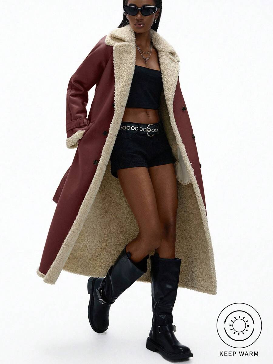 Aveloria Affinna Khaki Long Classic Lapel Faux Lamb Wool & PU Leather Cinched Waist Waist Elegant Casual Mixed Style Women Faux Fur Coat