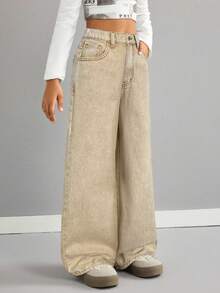 SHEIN Girls' Loose Fit Wide Leg Khaki Jeans - Apricot - View 5