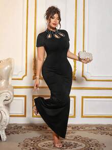 Cravure Hollow Neck Design Beaded Bodycon Dress - Black - View 1