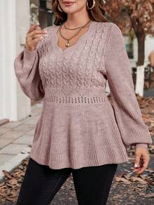 Reflora Plus Size Women Arched V-Neck Long Sleeve Ruffle Hem Pullover Sweater, Autumn/Winter - Pink - View 4