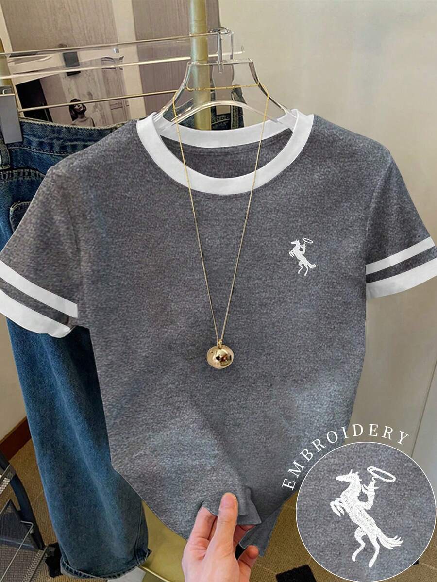 Franclia Áo thun nữ/Họa tiết Paul in/Thêu thủ công/Áo thun nữ cổ tròn màu tương phản rộng rãi thoải mái/Mùa xuân và mùa hè - Nhiều màu - Xem 1