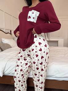Heart Print Casual Round Neck Long Sleeve Pajama Set For Women, Winter Clothes - Red - View 3