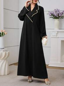 Al Najma 女士传统领针织连衣裙，优雅日常阿拉伯风格，秋冬款 - 黑色 - 查看 5