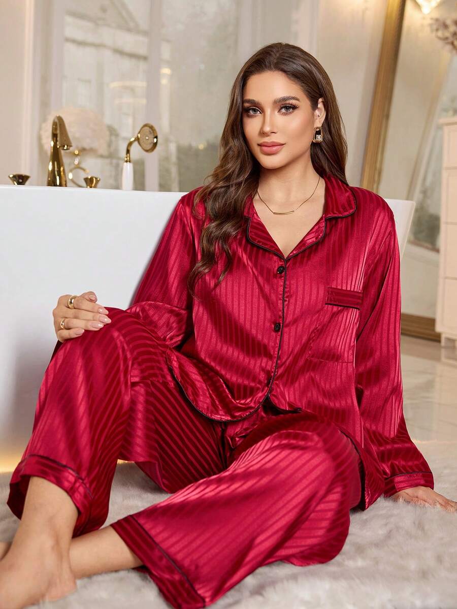 MuseNap CURVE Plus Size Striped Jacquard Faux Silk Lapel Pajama Set, Fall & Winter Clothes - Burgundy - View 1