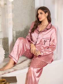 SHEIN MuseNap CURVE Plus Size Faux Silk Jacquard Heart Embroidery Pocket Loose Fit Long Sleeve Top And Pants Pajama Set, Light Pink, Fall & Winter Clothes - Dusty Pink - View 5