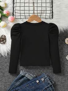 SHEIN Emery Rose Kids Young Girl Chic Casual Elegant Commuting Gigot Sleeve Fitted Long Sleeve T-Shirt, Autumn Tee Fall ,Mom And Daughter & Sisters  Matching - Black - View 5