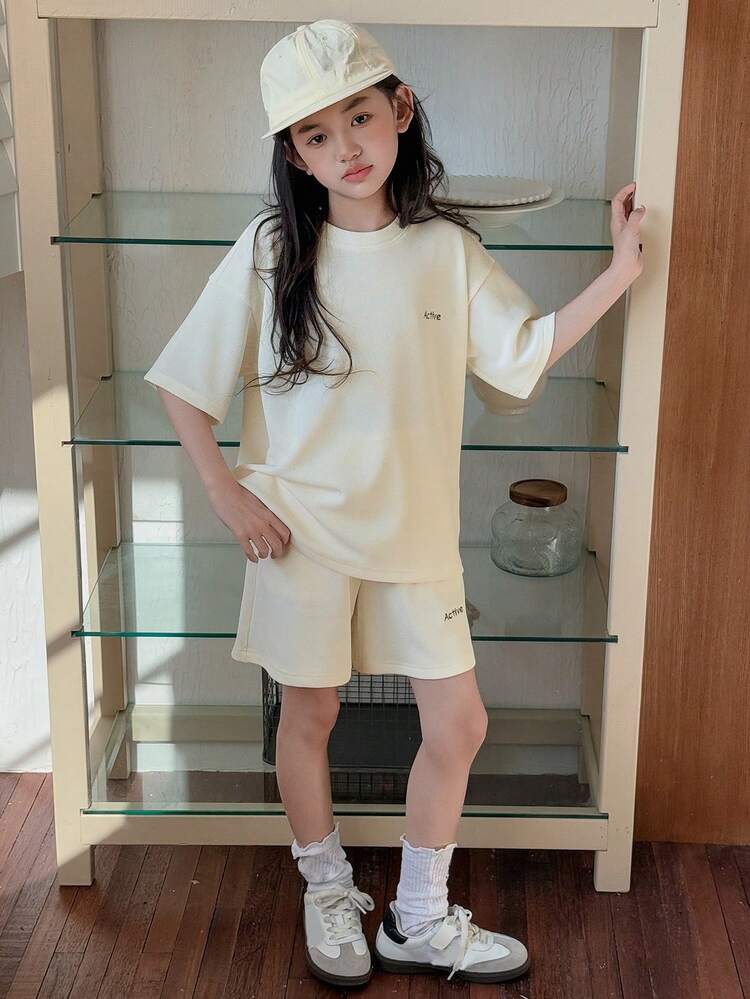 2pcs Sets (Top + Shorts) Tween Girl Casual Round Neck Short Sleeve T-Shirt Top And Shorts,Girls Summer Outfits,Back To School Clothes