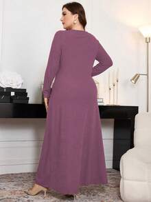 Modelyn 大码罗纹蝴蝶结装饰A字长袖休闲连衣裙，适合春秋季穿着，女士长款晚礼服 - 淡紫色 - 查看 2