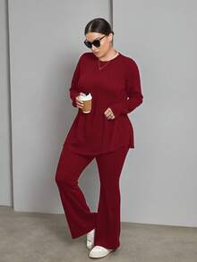 SHEIN Essnce 大码女装秋冬时尚休闲宽松舒适日常百搭基础款修身红色长袖上衣和喇叭裤两件套，秋季服装，裤装套装，机场穿搭，圣诞节服装 - 酒紅色 - 查看 5