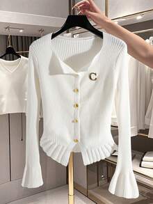 Franclia Women's Autumn/Winter New Elegant French Style Casual Refined Gentle Petite Slim Fit Metal Letter Pullover Sweater Top - White - View 3