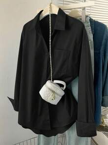 INAWLY Plus Size Solid Color Button Front Long Sleeve Casual Shirt - Black - View 1