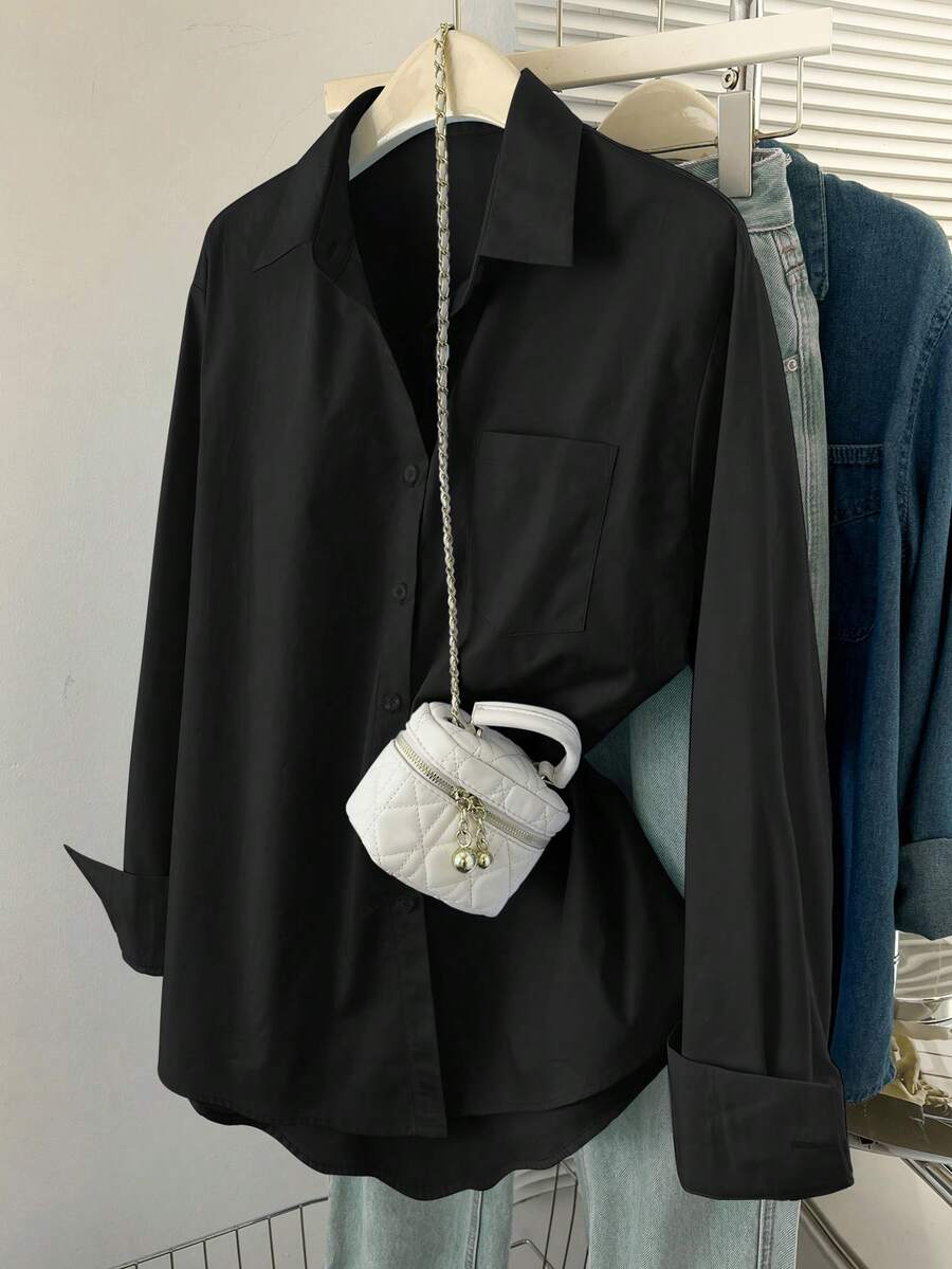 INAWLY Plus Size Solid Color Button Front Long Sleeve Casual Shirt - Black - View 1