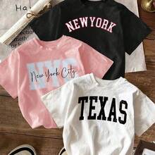 Playera para mujer estilo urbano deportivo letras impresas ciudad diseño gráfico tela suave color sólido holgada cuello redondo manga corta primavera verano diario Tshirt - Multicolor - Ver 3