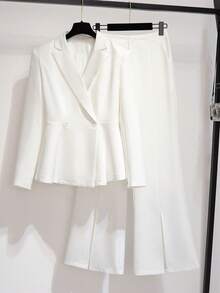 Franclia 女式优雅喇叭下摆带衬里长袖开叉喇叭裤套装 - 白色 - 查看 5