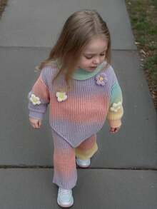 SHEIN Baby Girl, Casual And Cute, Colorful And Flower-Decorated Knitted High-Neck Sweater + Knitted Wide-Leg Pants Two Pieces Set Baby Knitwear Baby Girl Knitted Outfits Rainbow Warm Clothes Baby Girl Baby Girl Sweaters Set Knit Two Piece Toddler Autumn And Winter Two Piece Suit