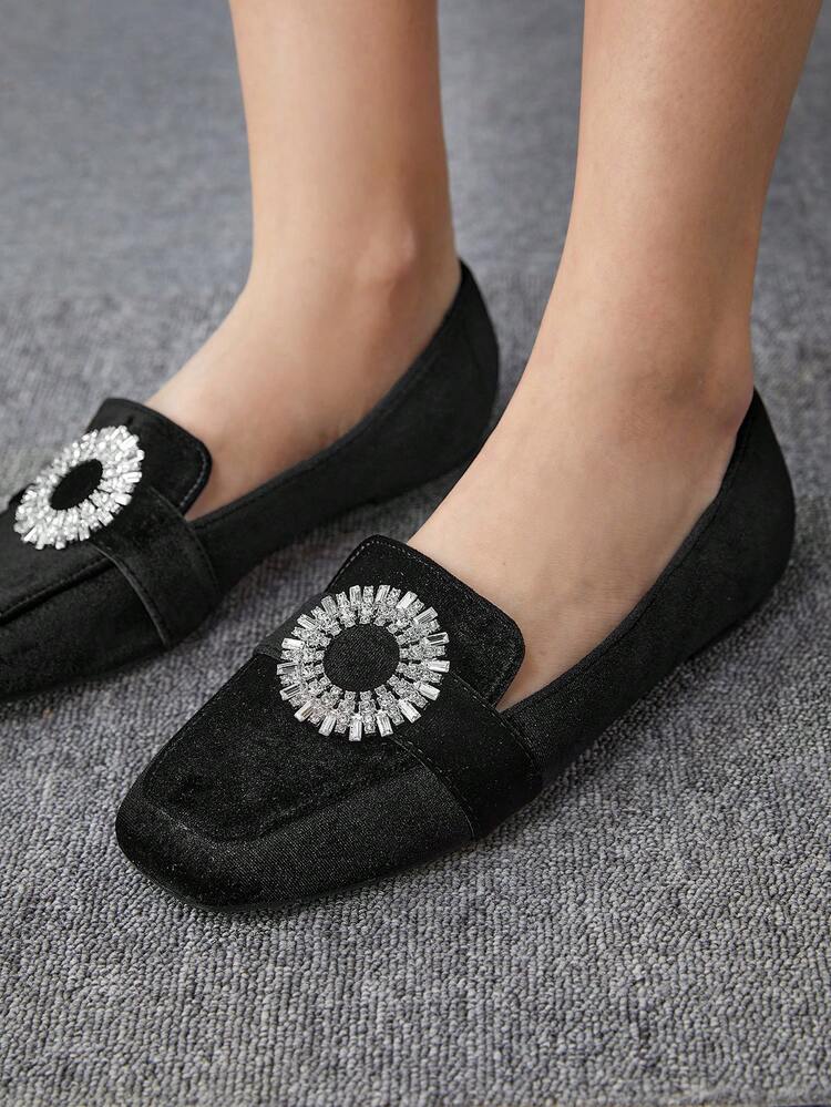 Black Korean Velvet Silver Rhinestone Decor Comfortable Daily Commute Flat Shoes