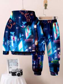 SHEIN 2pcs/Set Boys Loose Fit Casual Cyberpunk Graphic Pixel Man Print Hoodie Sweatshirt Set, & Comfortable - Multicolor - View 4