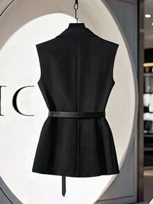 Franclia Women's Professional High-End Black Blazer Vest With Belt For Office/Work Clothes For University - Black - View 2