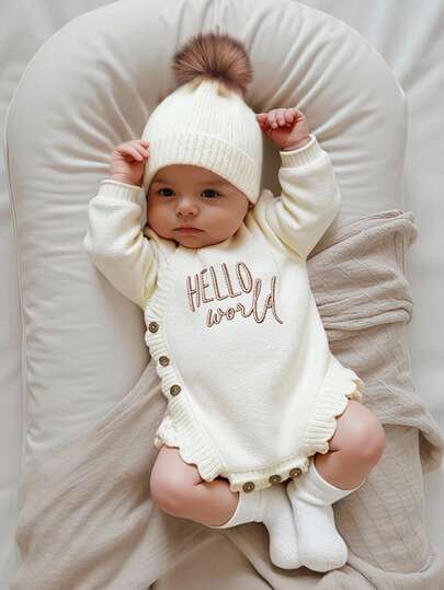 Knitted "Hello World"Embroidery Newborn Baby Romper With Matching Pom Hat Baby Announcement Bodysuit Infant Photography Props Beige Baby Coming Home Outfit Fall Winter