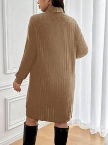 SHEIN Frenchy Plus Size Solid Color High Neck Drop Shoulder Long Sleeve Loose Ribbed Knit Dress - Khaki - View 6
